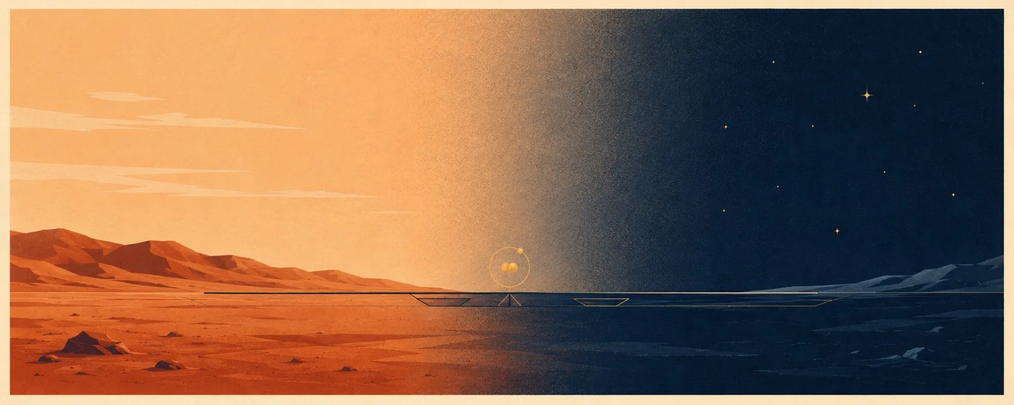 Mid-century poster: a warm Martian plain on the left cooling into the dark of deep space on the right, a deuterium atom glowing low at the seam.