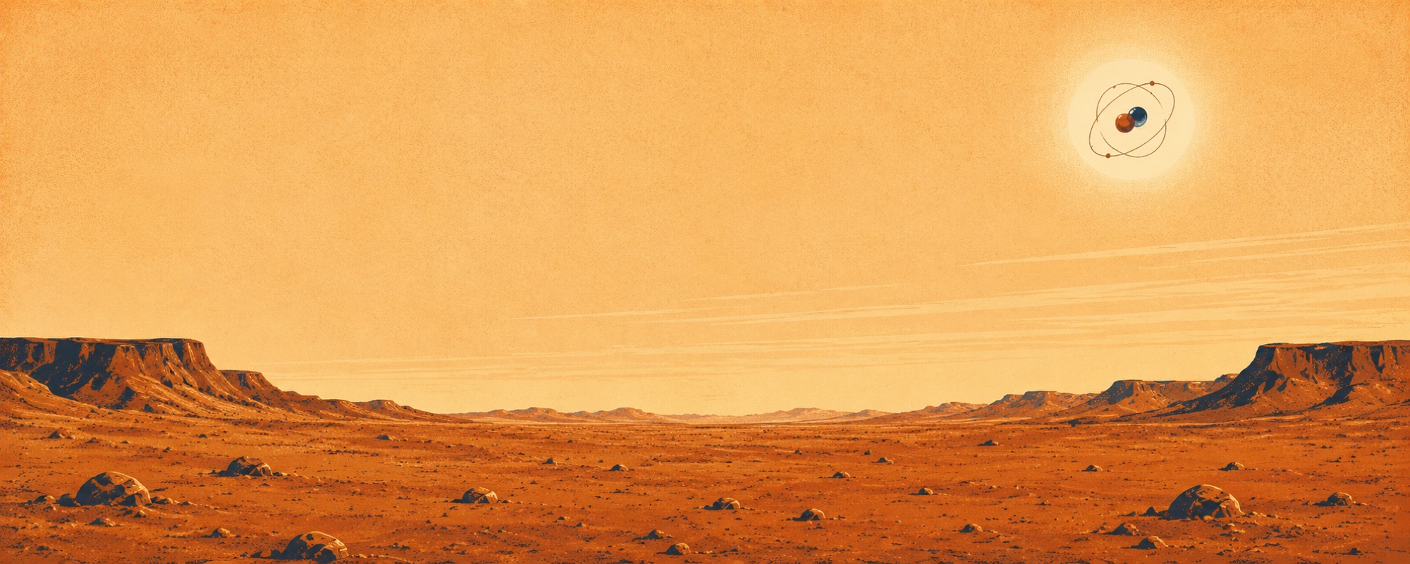 A warm Martian plain at noon, a deuterium atom glowing like a small sun high in the sky.