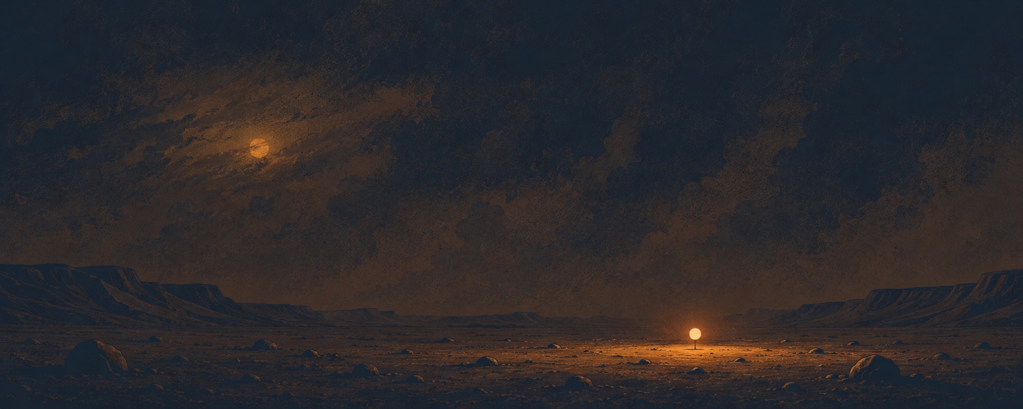 Martian dusk under a dust storm — a dim sun, and one steady warm light on the ground.
