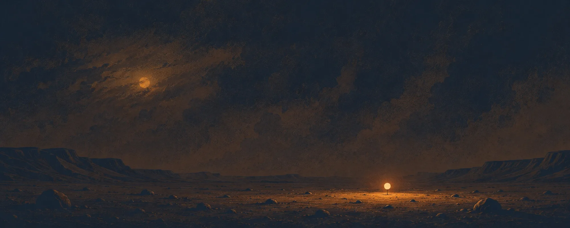 Martian dusk under a dust storm — a dim sun, and one steady warm light on the ground.