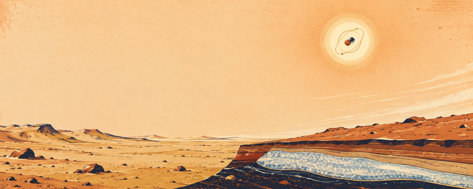 Mid-century technical poster of the Martian surface with a buried ice seam and a deuterium atom.